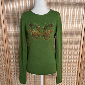 Vintage Allen B 100% green cashmere sweater with rhinestone butterfly